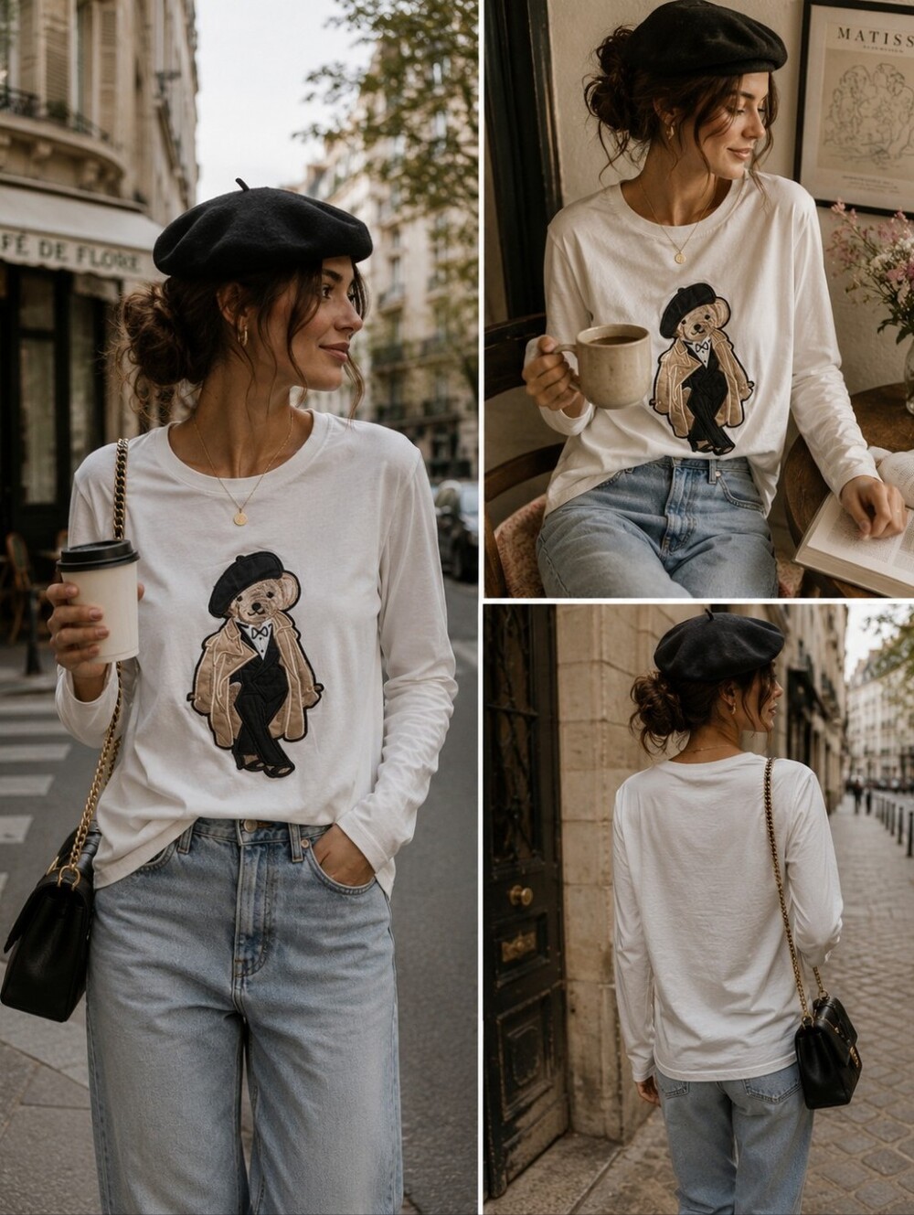 White Crewneck Cotton Tee with Cute  Bear Applique